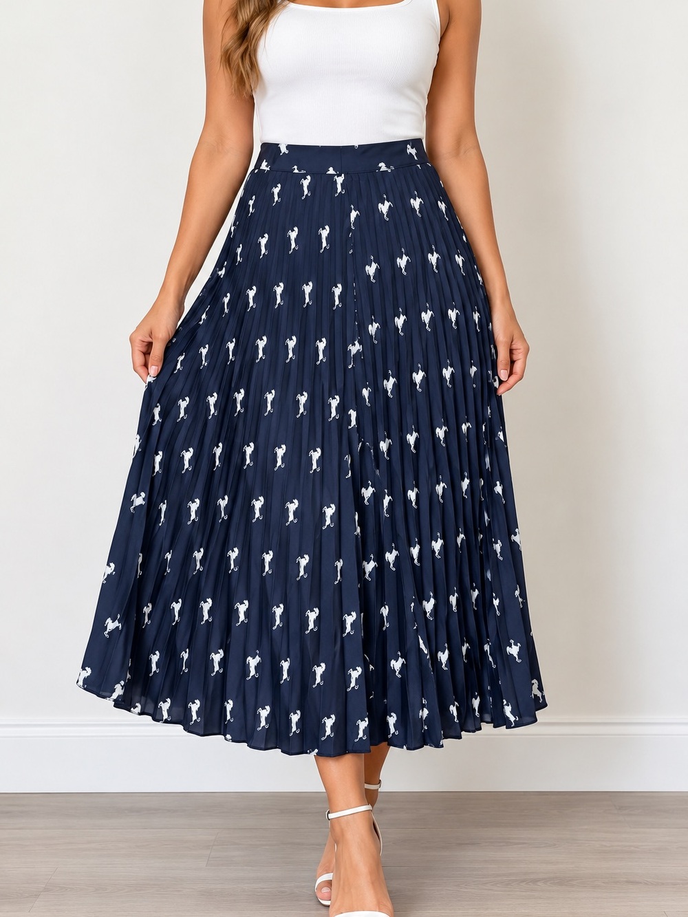 Free Assembly Navy Horse Print Pleated Midi Skirt Size S